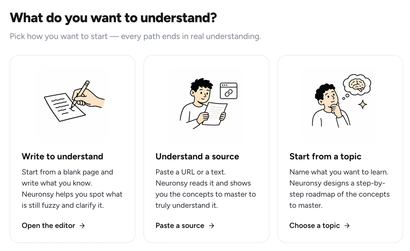 Neuronsy offers three starting paths: write, add a source, or choose a topic.