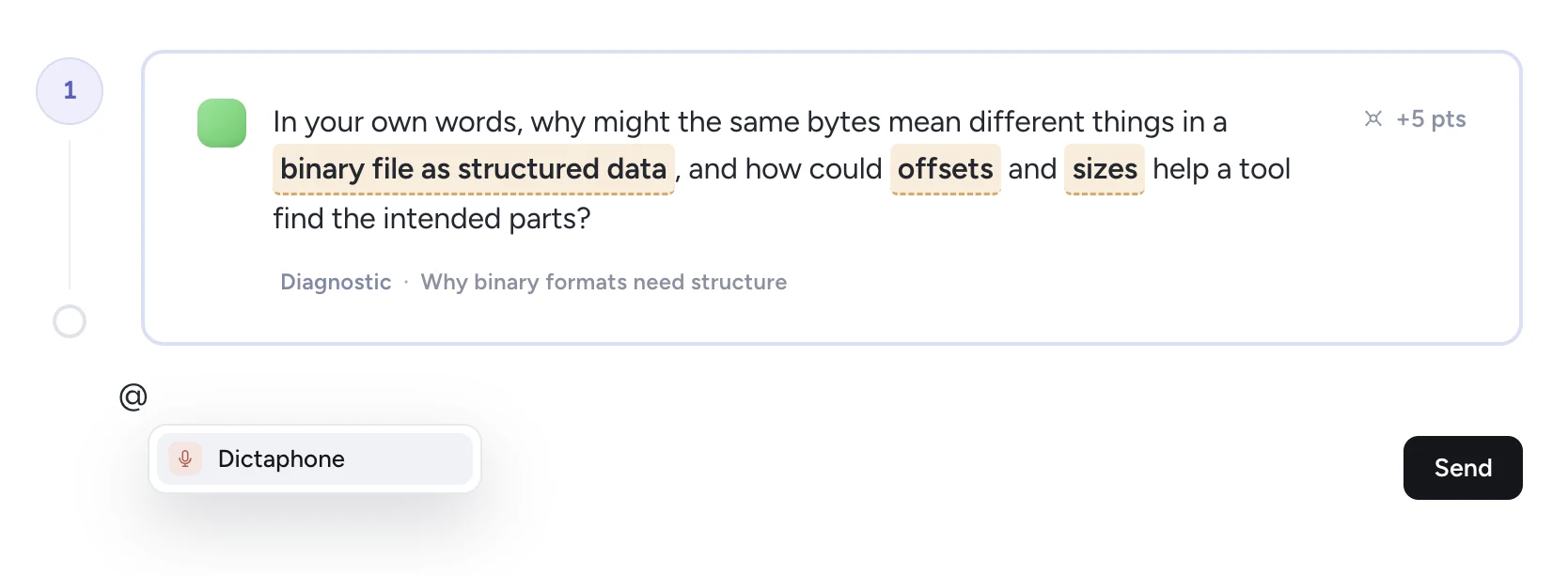 A Neuronsy diagnostic question with highlighted concepts, dictation input, and a send action.